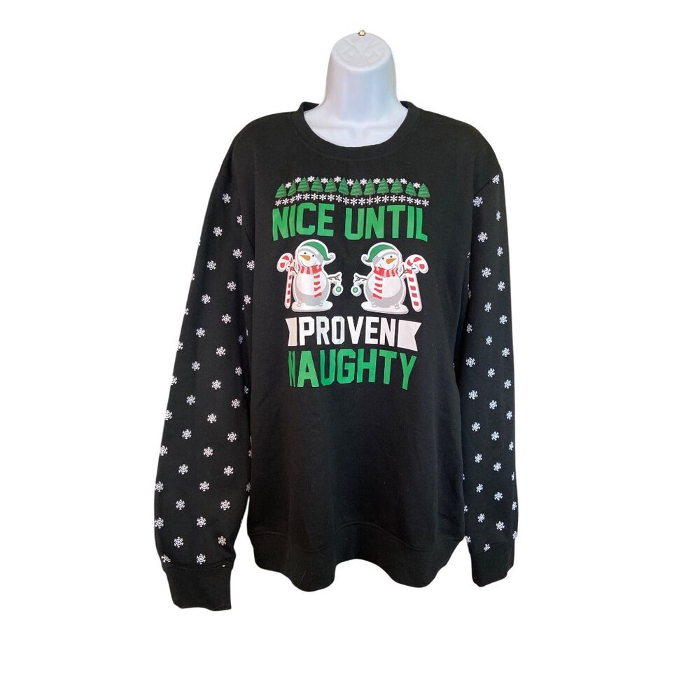 Dvision Christmas Sweatshirt L Black Nice Until Proven Naughty Snowflake Novelty